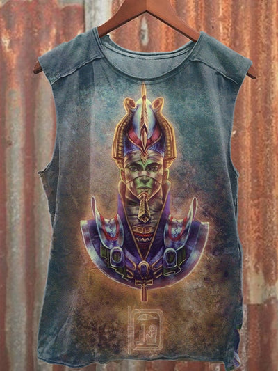 Retro Egyptian Graffiti Print Casual Loose Cotton Tank Top