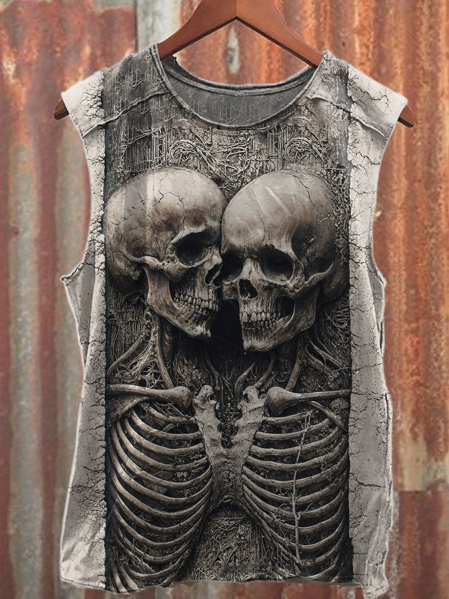 Skull Art Print Loose Cotton Tank Top