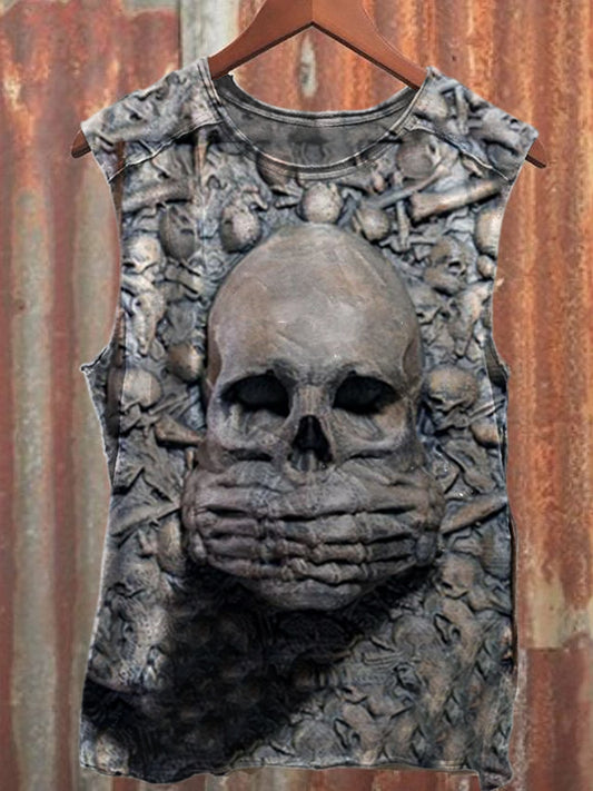 Skull Art Print Loose Cotton Tank Top