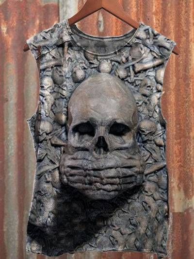 Skull Art Print Loose Cotton Tank Top