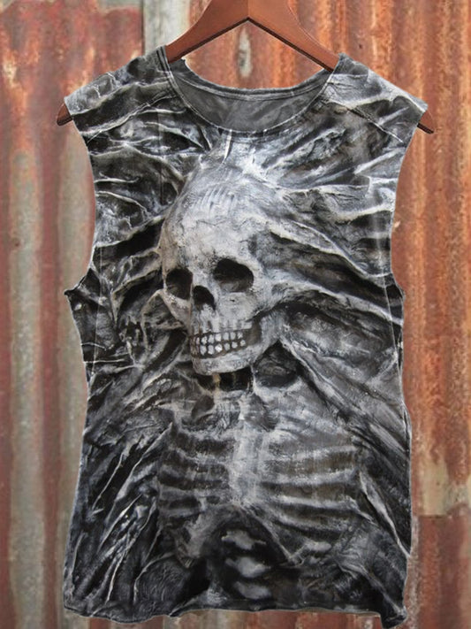 Statue Skull Graffiti Print Loose Cotton Tank Top