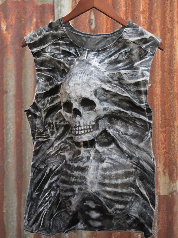 Statue Skull Graffiti Print Loose Cotton Tank Top