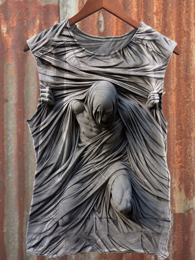 Statue Graffiti Print Loose Cotton Tank Top
