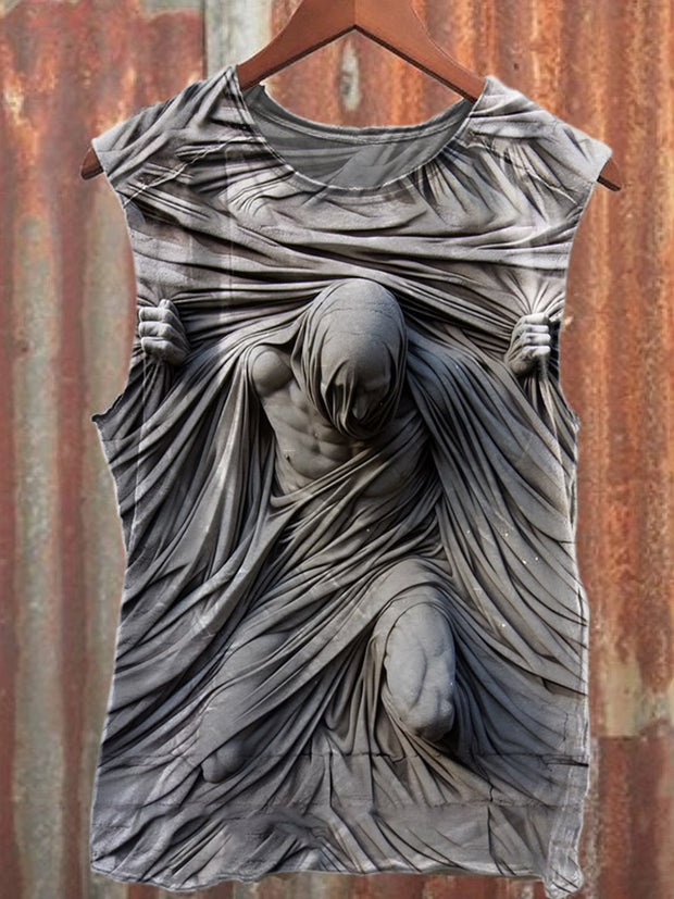 Statue Graffiti Print Loose Cotton Tank Top