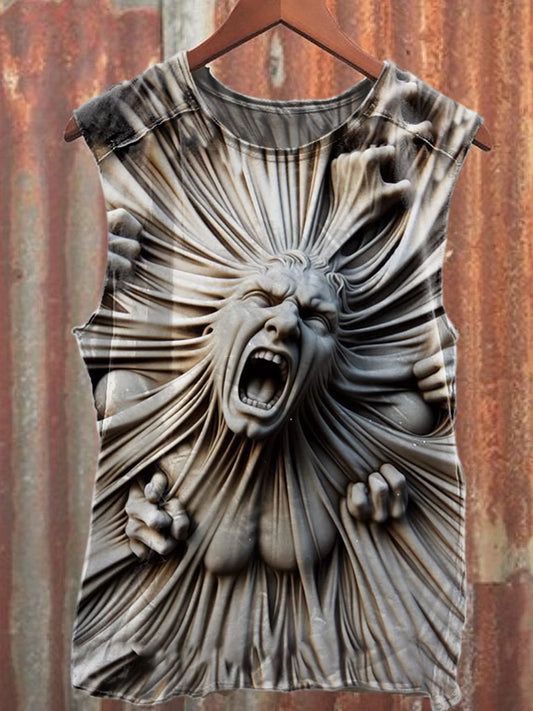 Statue Graffiti Print Loose Cotton Tank Top