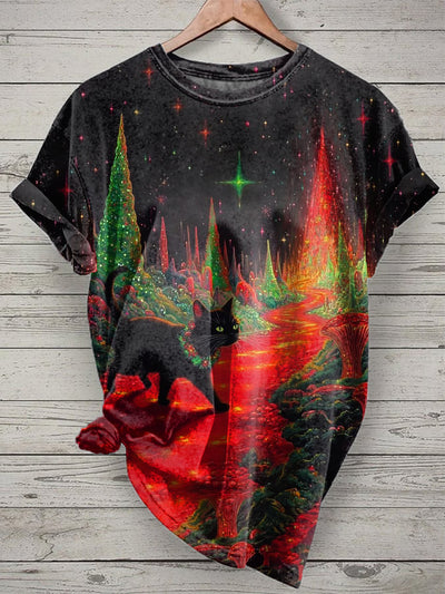 Unisex Fantasy Starry Sky Cat Art Illustration Printed Casual T-Shirt