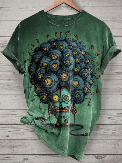 Unisex Robot Printed Vintage Fashion Loose Short Sleeve T-Shirt