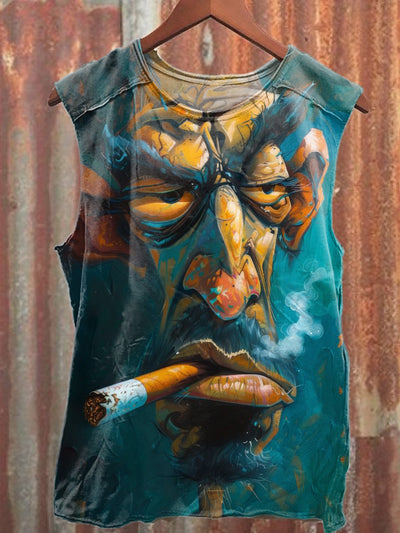 Abstract Old Man Smoking Print Casual Cotton Tank Top