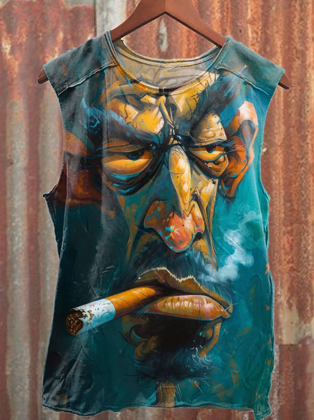 Abstract Old Man Smoking Print Casual Cotton Tank Top
