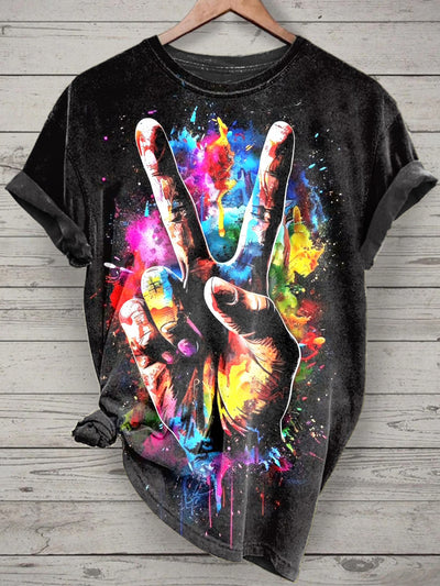 Victory Sign Printed Vintage Fashion Loose Short Sleeve T-Shirt