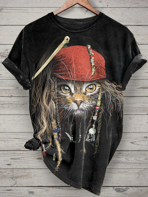 Unisex Pirate Cat Printed Vintage Fashion Loose Short Sleeve T-Shirt
