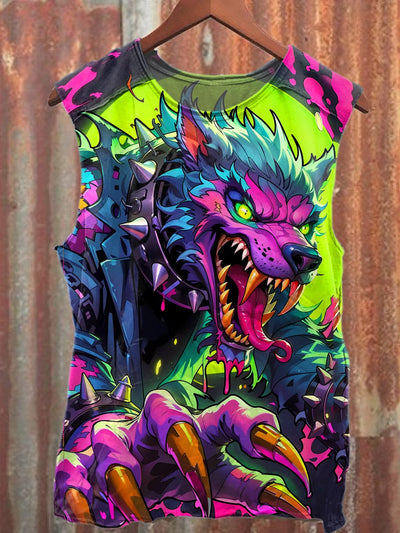 Fantasy Pop Wolf Graffiti Print Cotton Tank Top