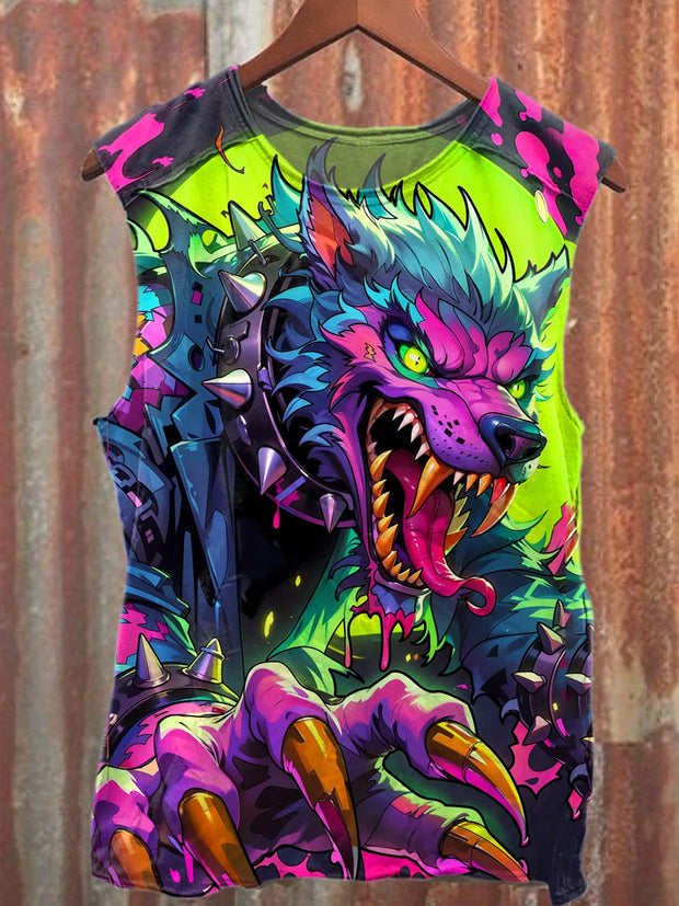 Fantasy Pop Wolf Graffiti Print Cotton Tank Top