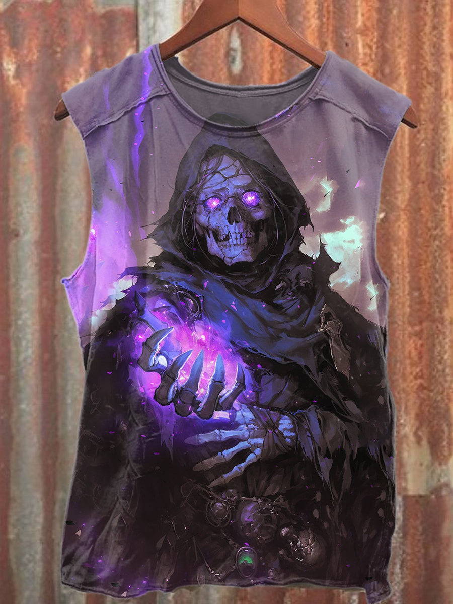 Magician Skull Print Casual Cotton Tank Top