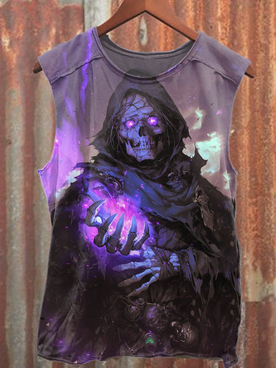 Magician Skull Print Casual Cotton Tank Top