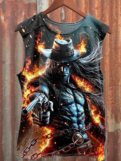 Western Cowboy Skull Print Casual Cotton Tank Top