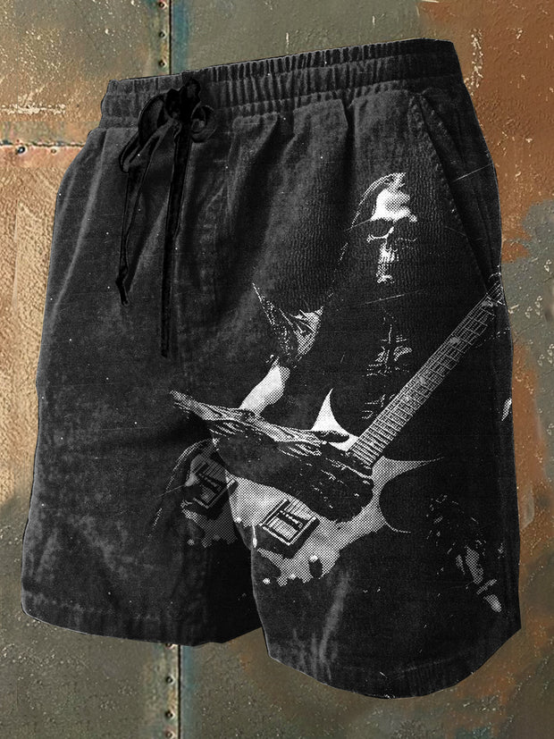 Retro Punk Skull Guitar Print Casual Shorts