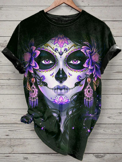 Unisex La Catrina Printed Vintage Fashion Loose Short Sleeve T-Shirt