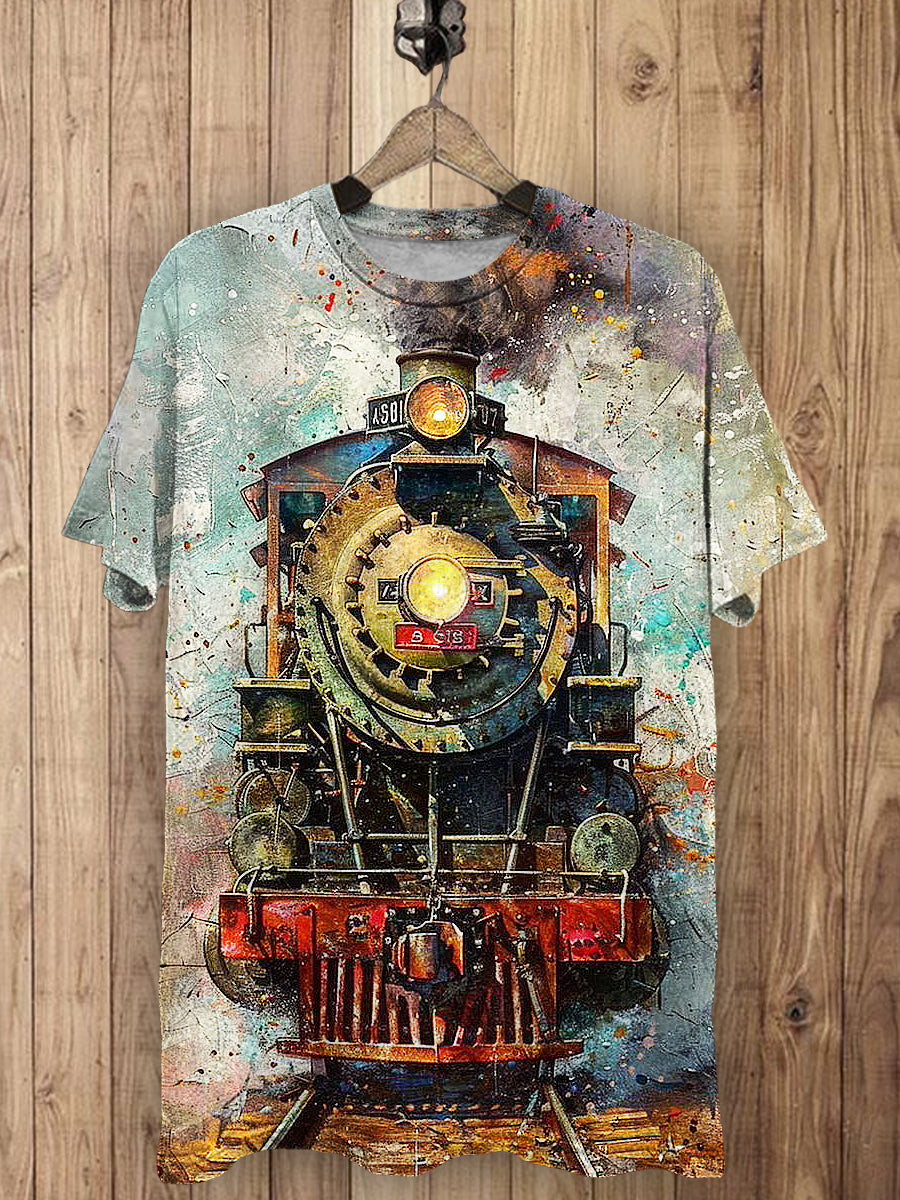 Oil Painting Train Printed Vintage Fashion Loose Short Sleeve T-Shirt