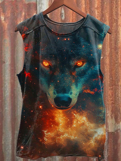 Men's Casual Flame Wolf Printed Tank Top