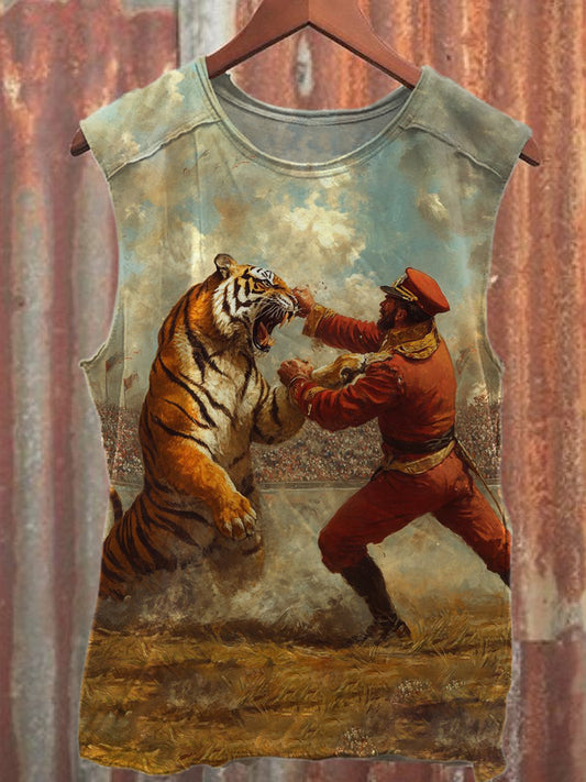 Retro Tiger Duel Casual Cotton Tank Top