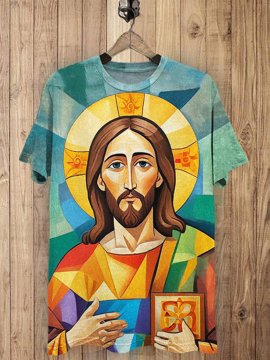 Unisex Geometry Jesus Printed Vintage Fashion Loose Short Sleeve T-Shirt