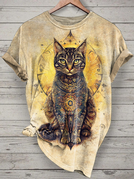 Unisex Mysterious Cat Printed Vintage Fashion Loose Short Sleeve T-Shirt