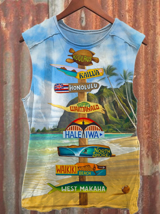 Vintage Beach Print Casual Cotton Tank Top