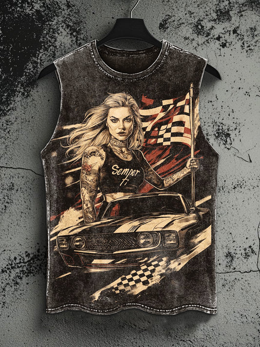 Retro Racing Rider Printed Casual Tank Top
