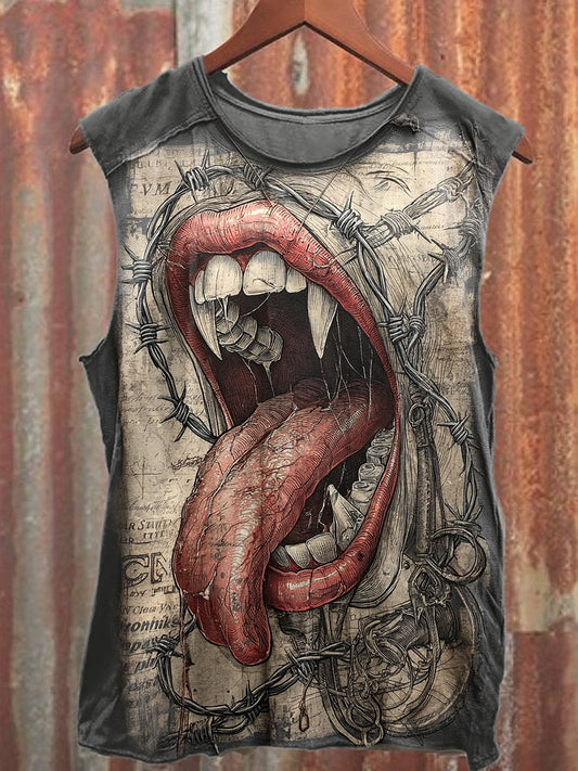 Retro Classic Evil Mouth Print Casual Cotton Tank Top
