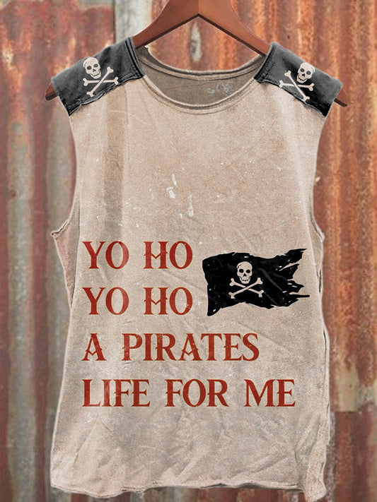 Retro Pirate Text Printed Loose Cotton Tank Top