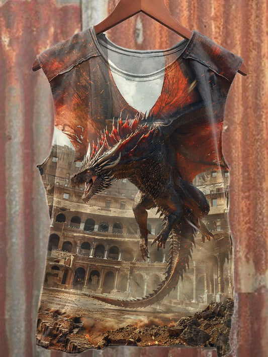 Dragon Legend Battle Printed Loose Cotton Tank Top