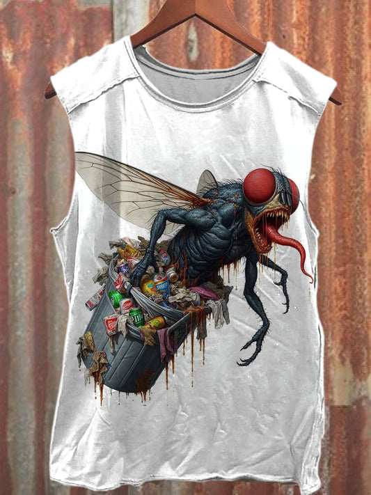 Retro Ant Graffiti Print Loose Cotton Tank Top