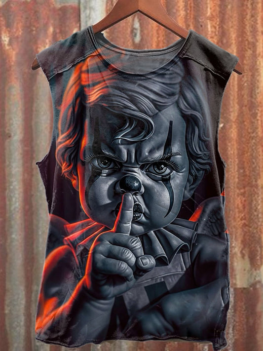 Retro Clown Print Loose Cotton Tank Top