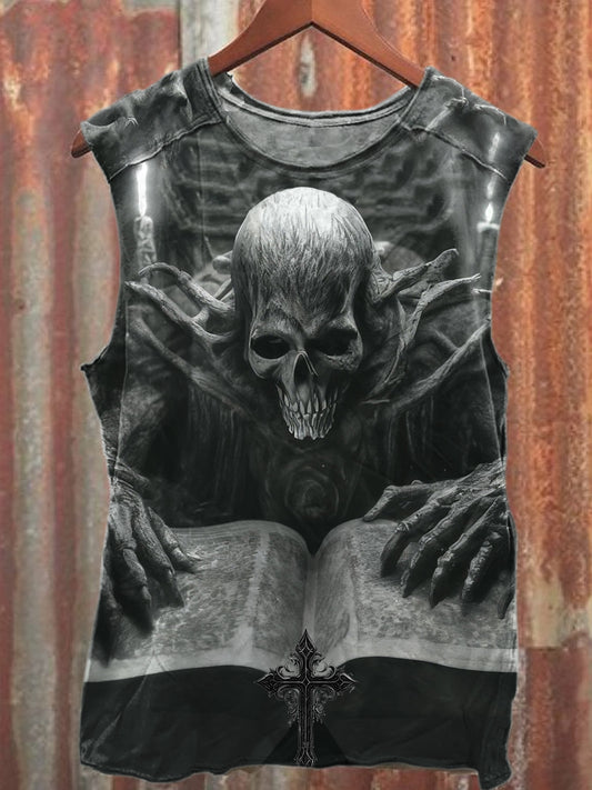 Gorgeous Dark Skull Print Loose Cotton Tank Top