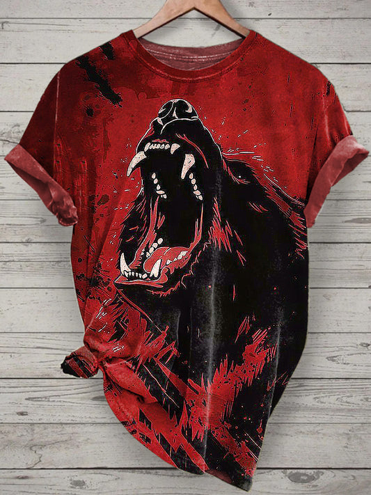 Roaring Wolf Printed Vintage Fashion Loose Short Sleeve T-Shirt