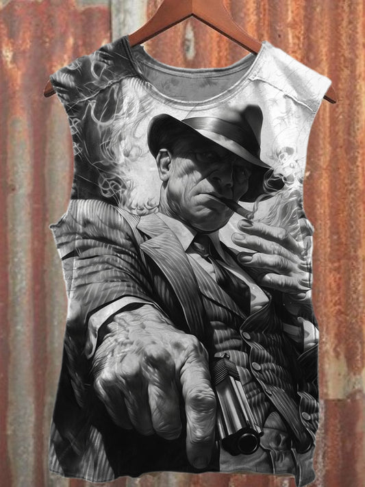 Retro Agent Print Loose Cotton Tank Top