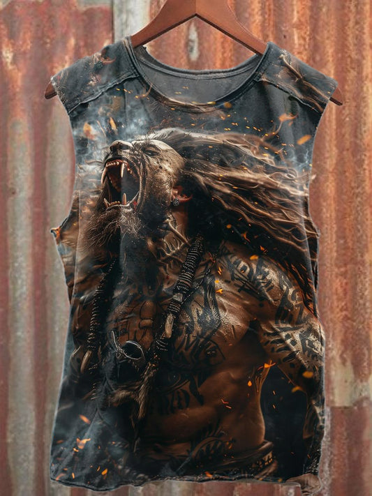 Fierce Beast Print Loose Cotton Tank Top
