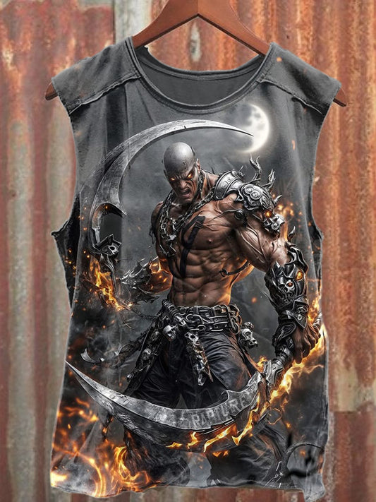 Retro Agent Double-Edged Knife Printed Loose Cotton Tank Top