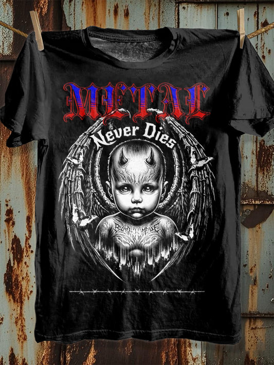Retro Metal Never Die Print Loose T-shirt