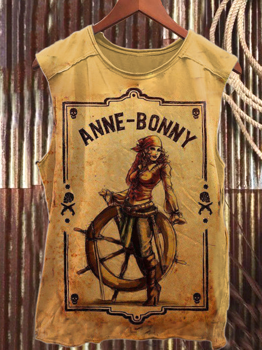 Vintage Pirate Beauty Print Loose Cotton Tank Top