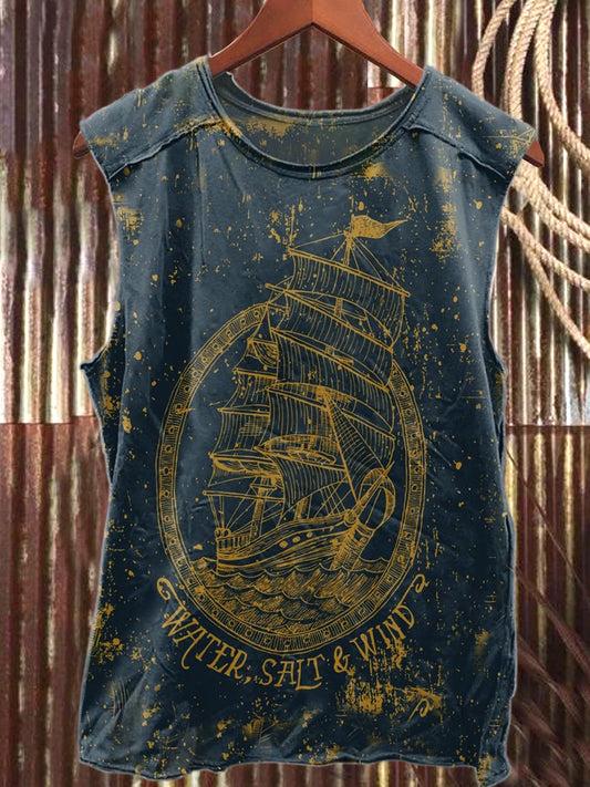 Retro Pirate Print Loose Cotton Tank Top
