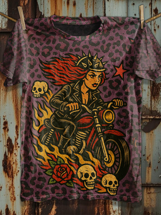 Retro Fun Motorcycle Graffiti Print Loose Cotton T-Shirt