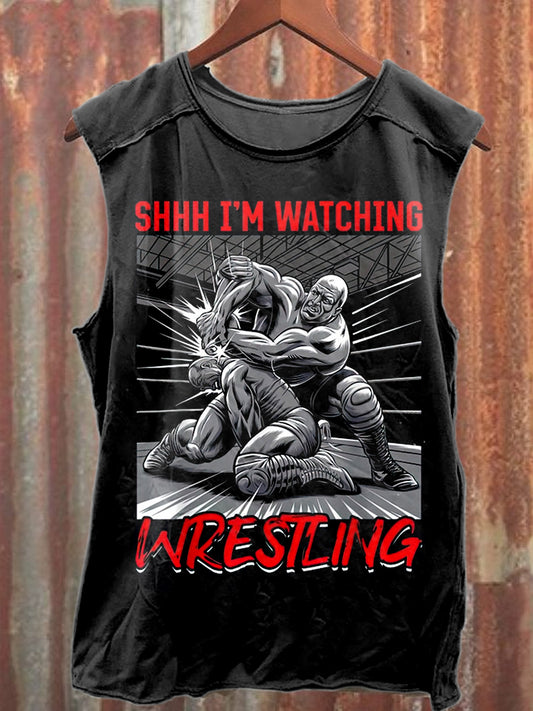 Retro Wrestling Graffiti Printed Loose Cotton Tank Top
