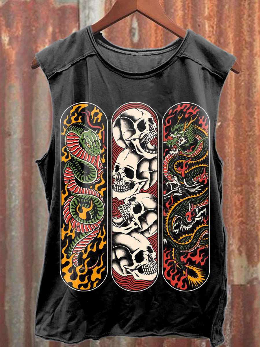 Vintage Skull Graffiti Print Loose Cotton Tank Top