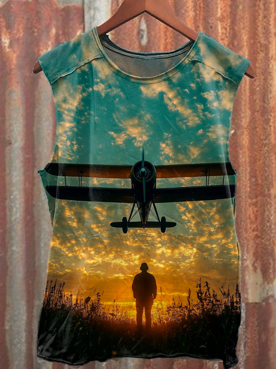 Men's Casual Aircraft Printed Tank Top