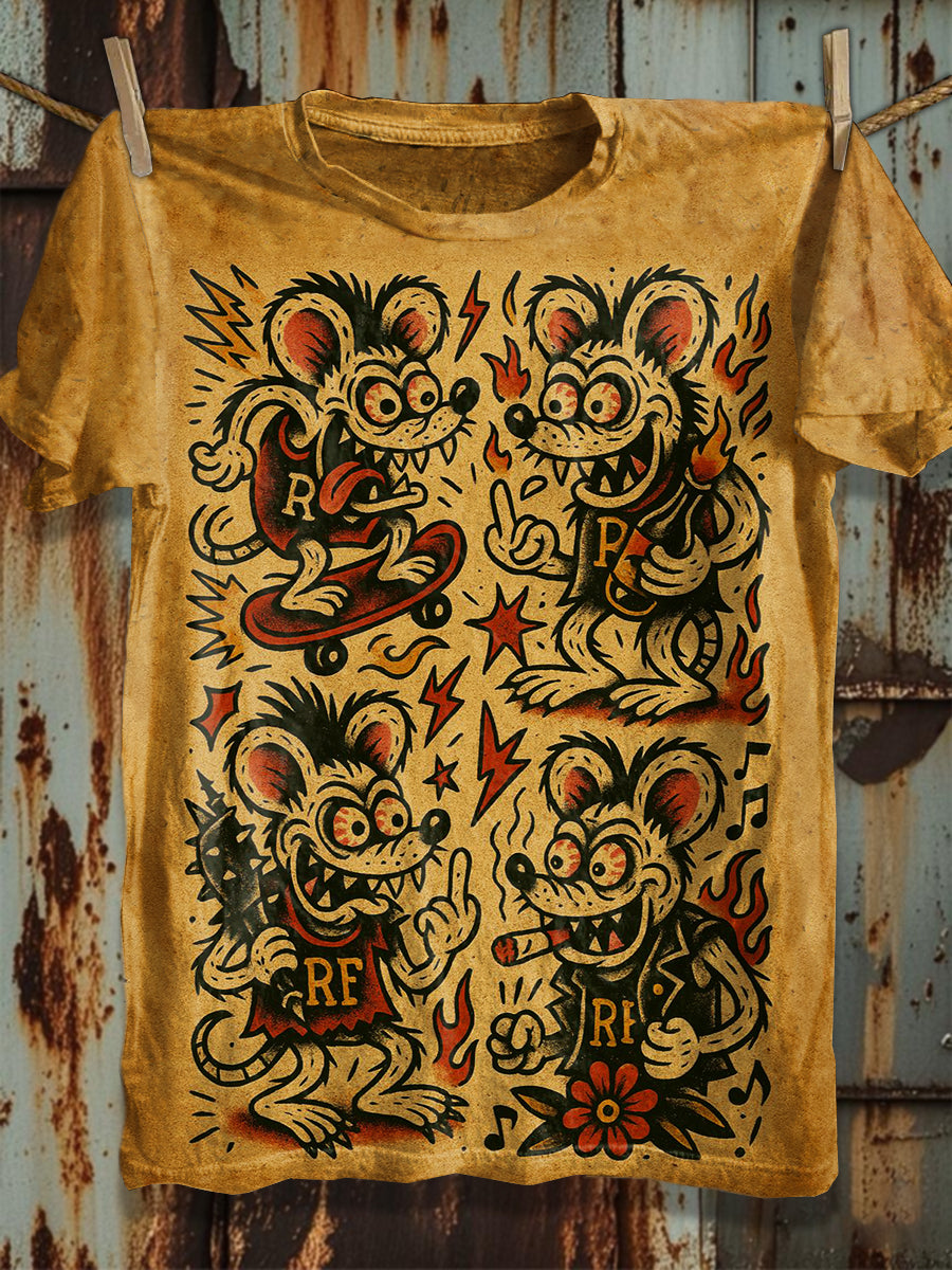 Vintage Mouse Graffiti Print Loose Cotton T-Shirt