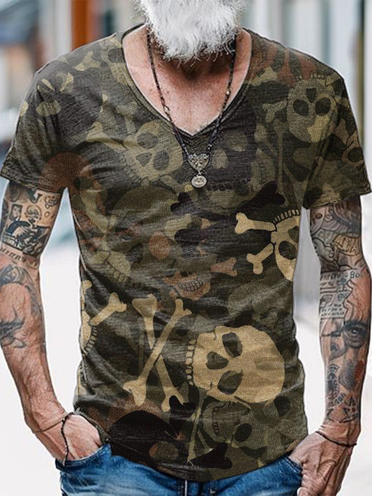 Camouflage Skull Printed Vintage Fashion Loose V-Neck Short Sleeve T-Shirt
