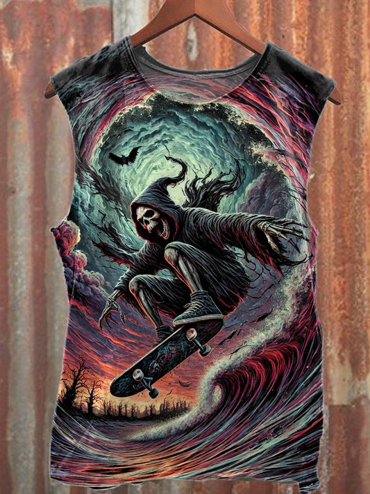 Gorgeous Fantasy Skull Skateboard Print Cotton Tank Top