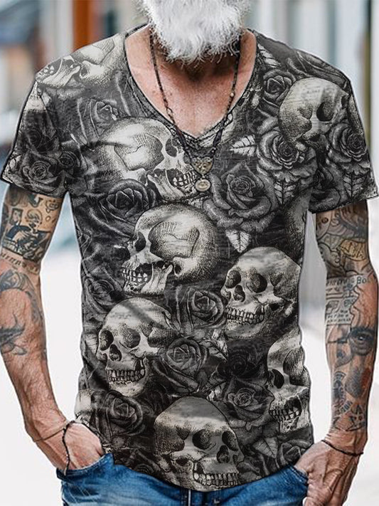 Skull Printed Vintage Fashion Loose V-Neck Short Sleeve T-Shirt